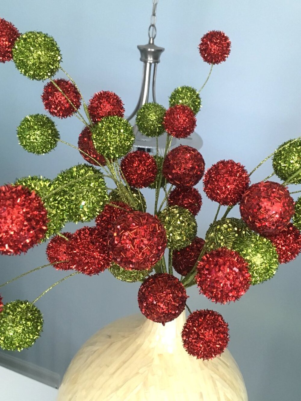 Christmas Red Green Glittered Sequin Beaded Pom Ball Sprays Picks Branches Set
